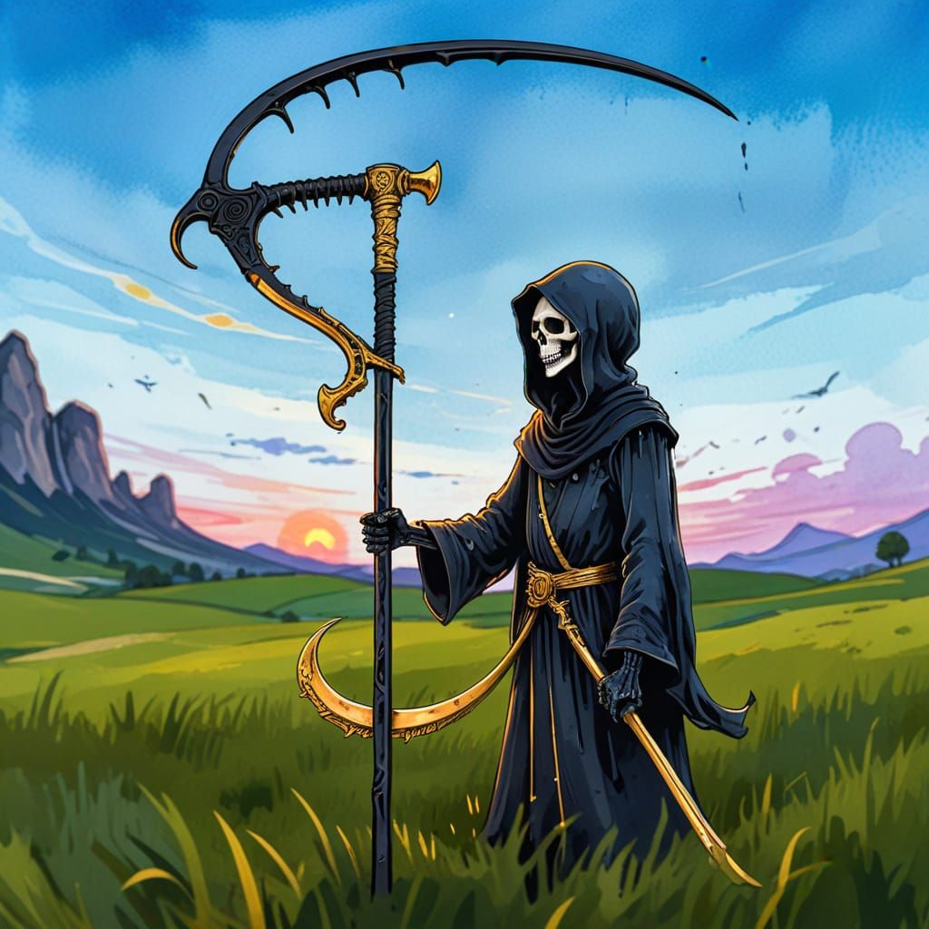 Cartoon Grim Reaper in Watercolour with Scythe
