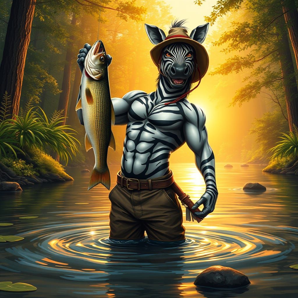 Hypermuscular Zebra Fisherman in Serene Forest Stream
