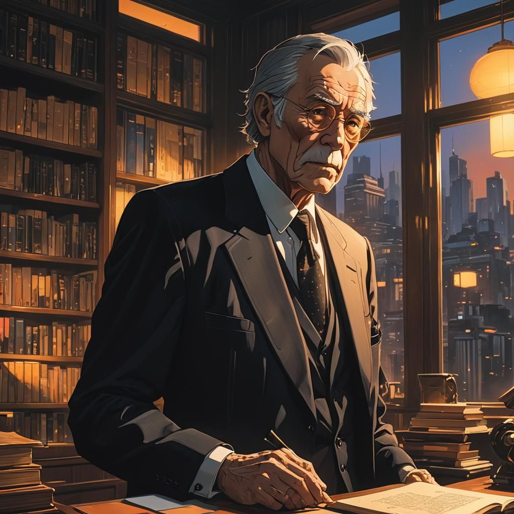 Old Rich Man in Dimly Lit Study: Anime Art