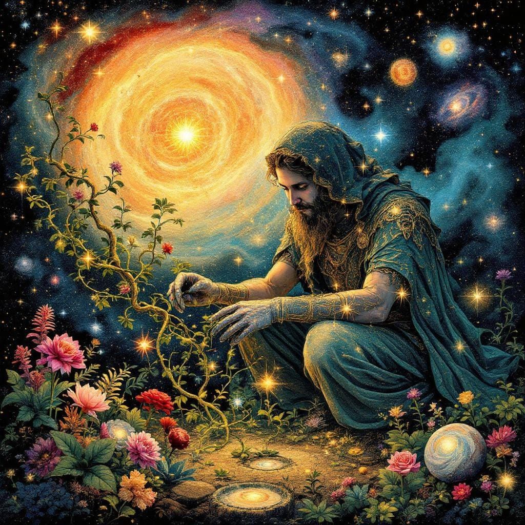 Celestial Gardener Tending Cosmic Garden in Art Nouveau Styl...