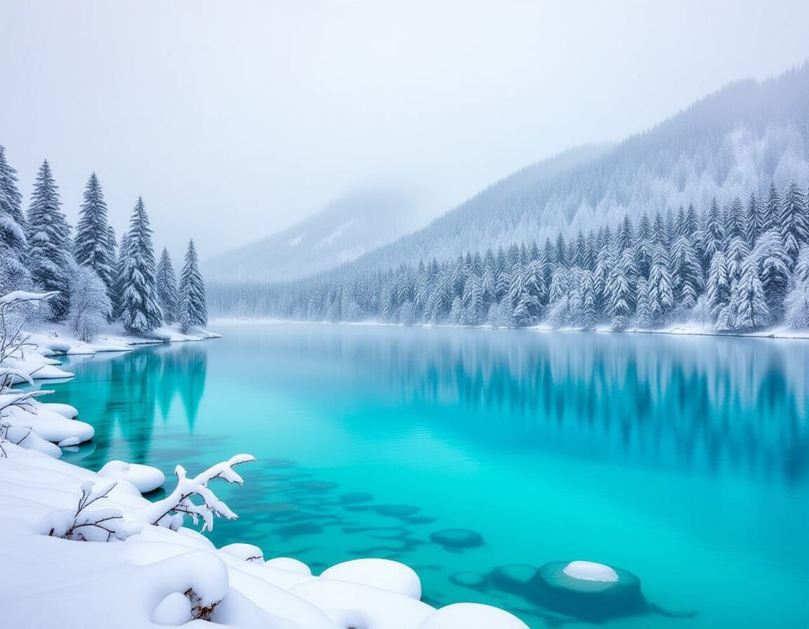 Serene Winter Lake Landscape in Realistic Style