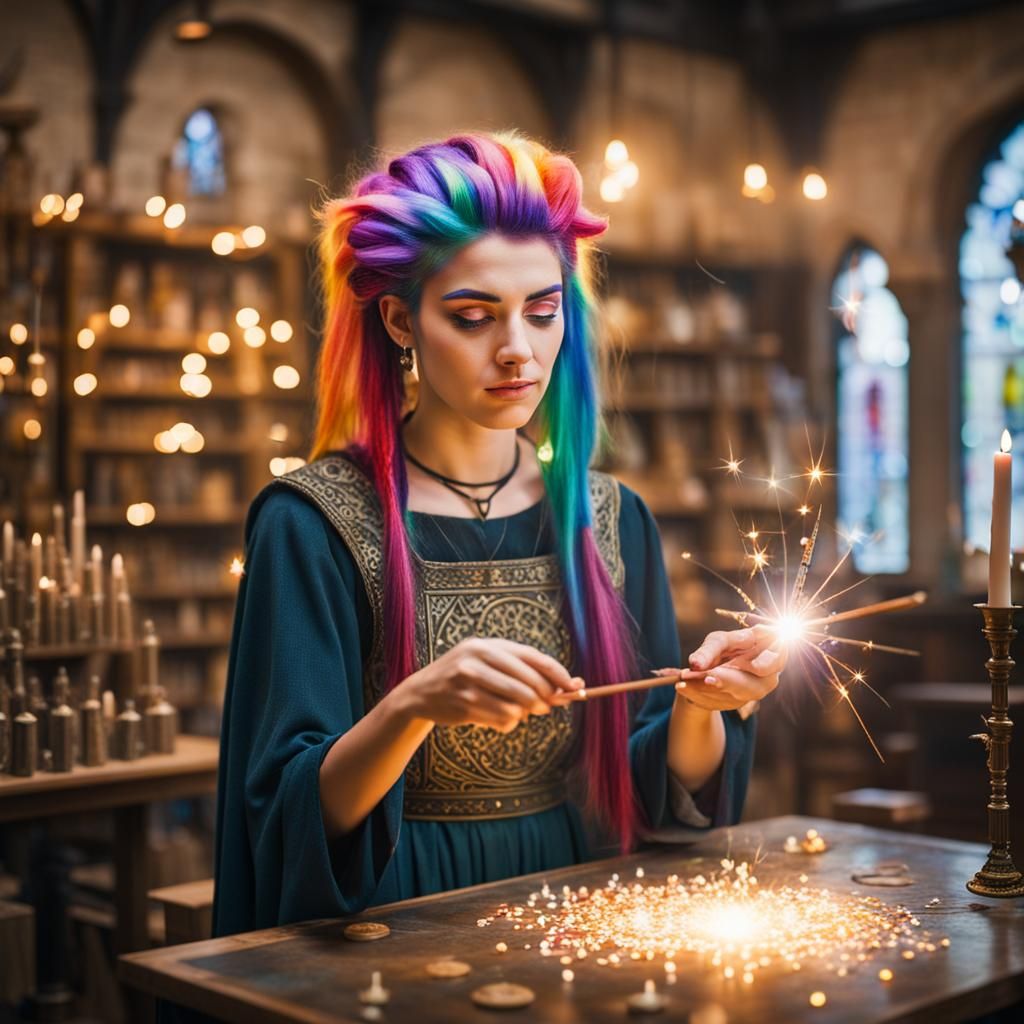 Medieval Girl Casting Spells in Magic Emporium