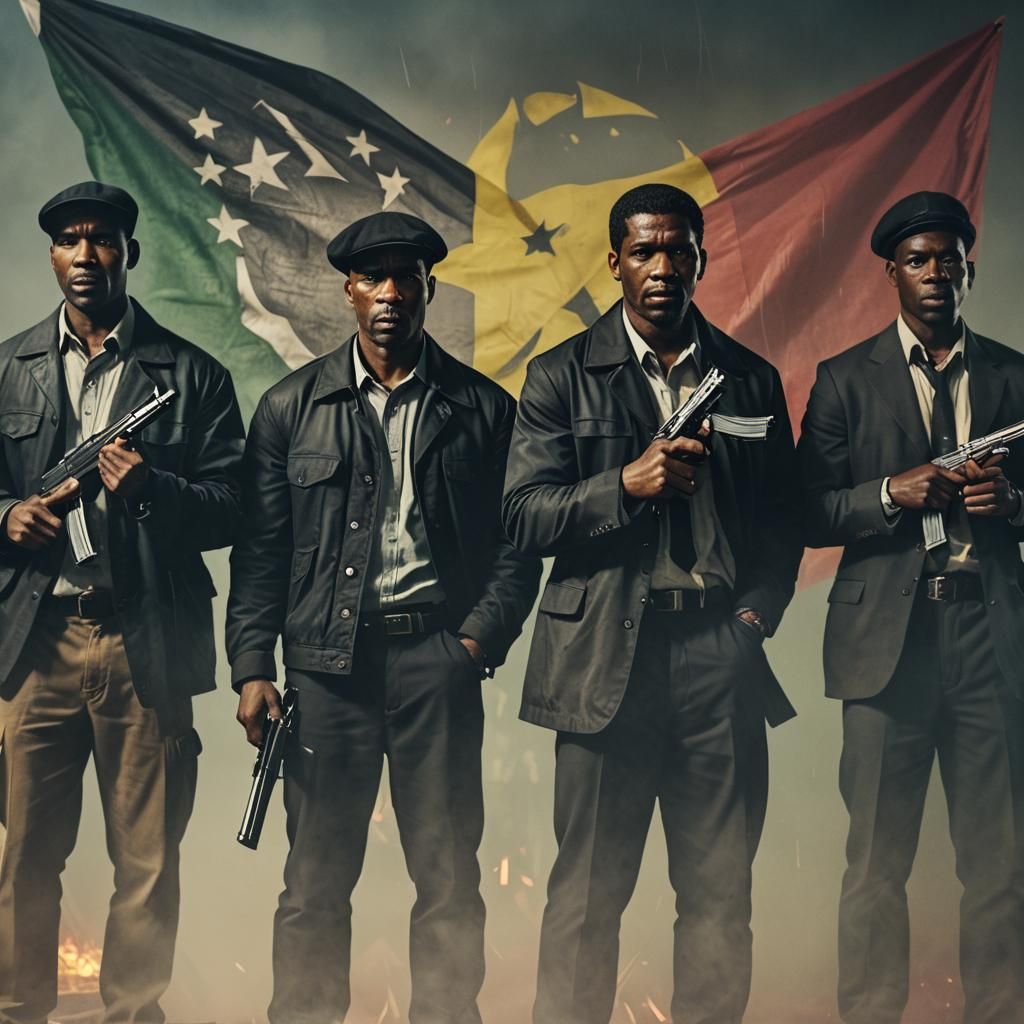 group of black gangsters holding guns with ghana flag in the background