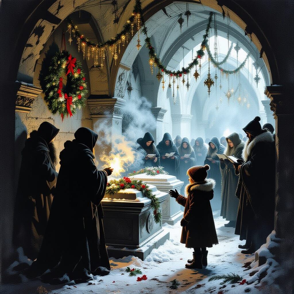 Candlelit Crypt Scene of Hope and Decay