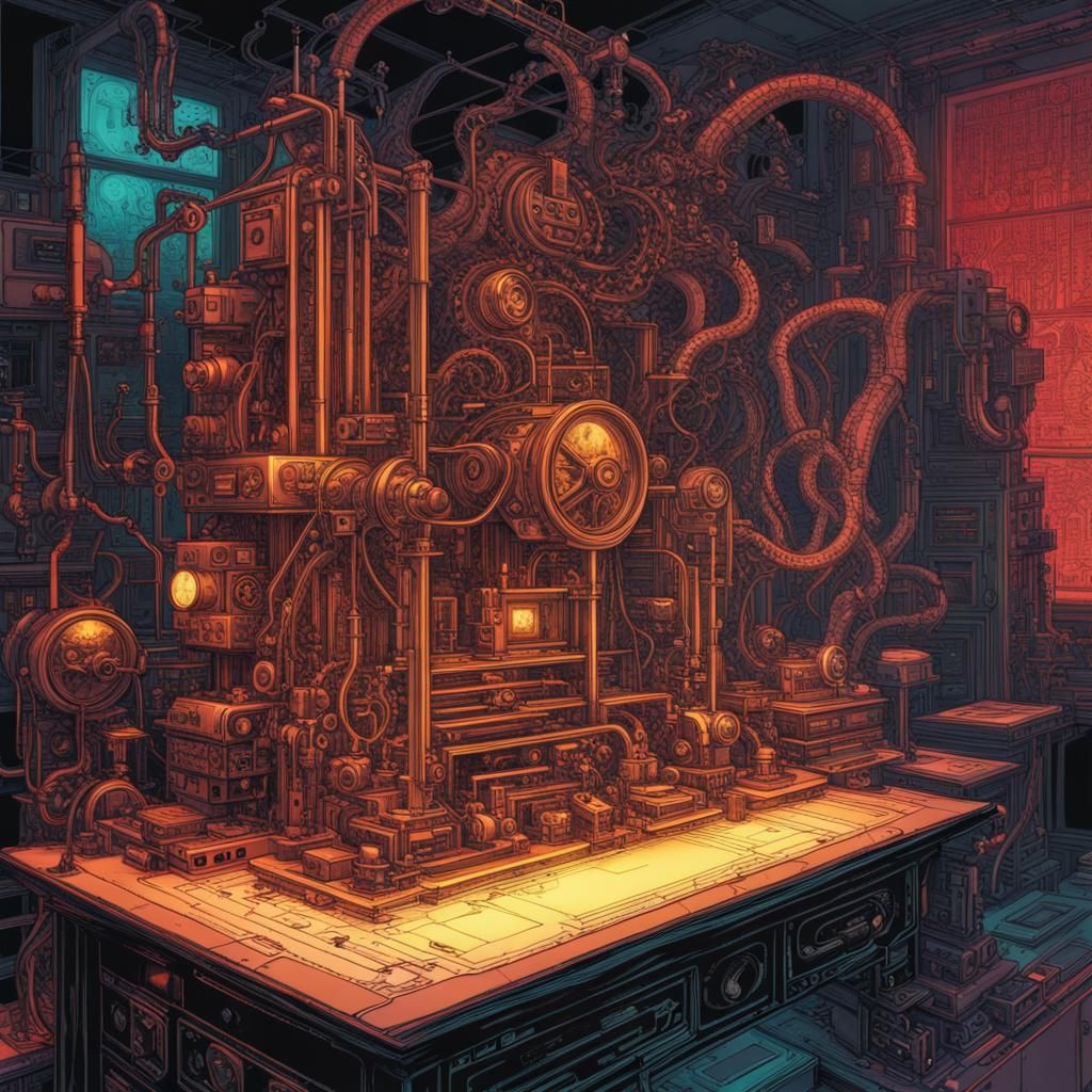 Steampunk Lithography Lab with Futuristic Machinery