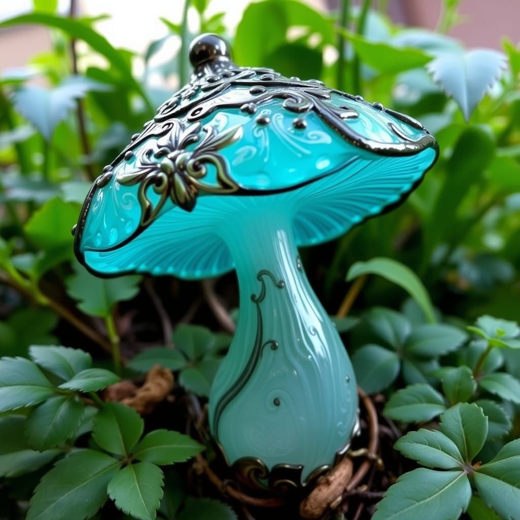 Turquoise Leaded Glass Mushroom in Art Nouveau Style