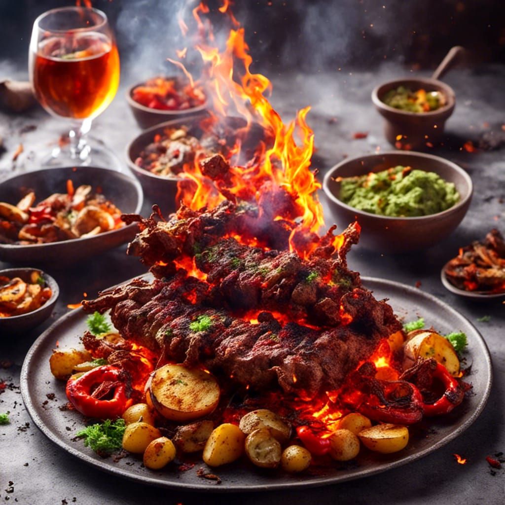 Flaming Hot Grilled Meat with Peppers and Wasabi