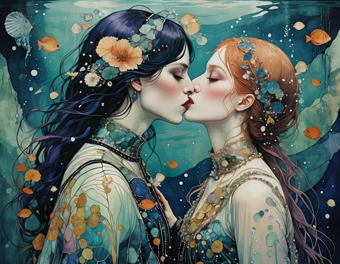 Underwater Kiss in Art Nouveau Style