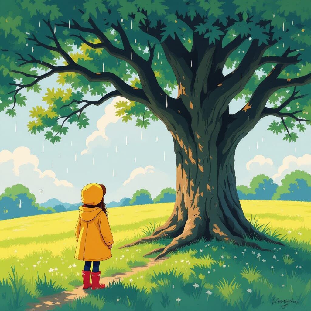 Girl in Raincoat Under Ancient Oak Tree