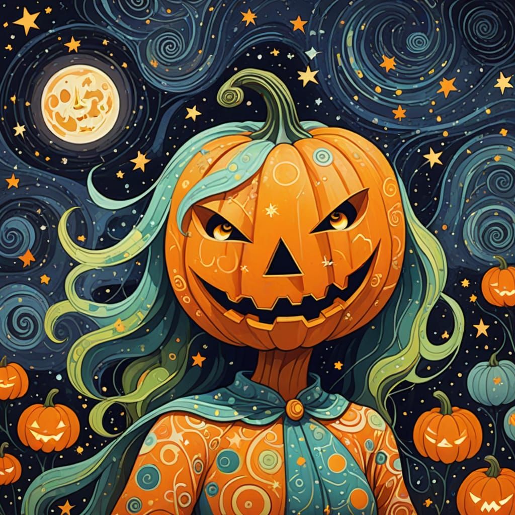 Whimsical Pumpkin Woman Under Psychedelic Starlight