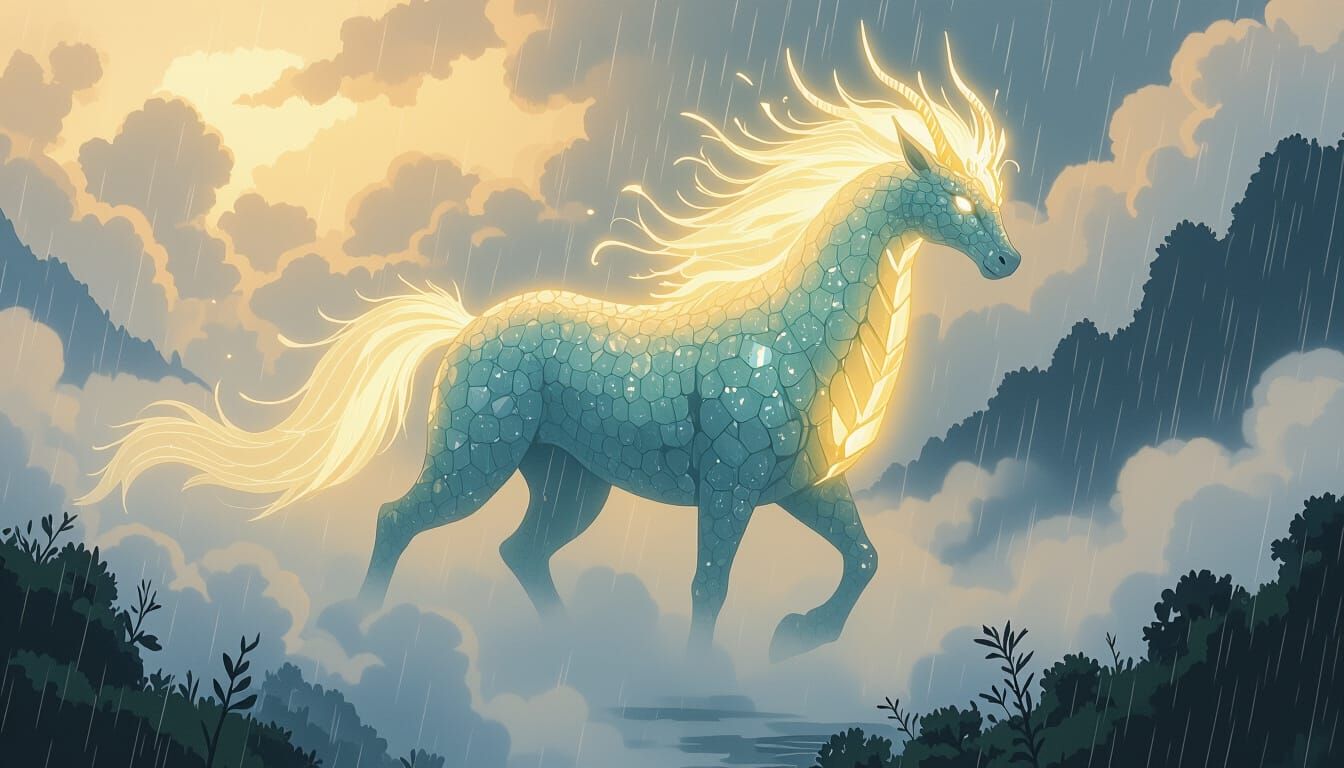 Crystalline Kirin in Misty Rain, Anime Style
