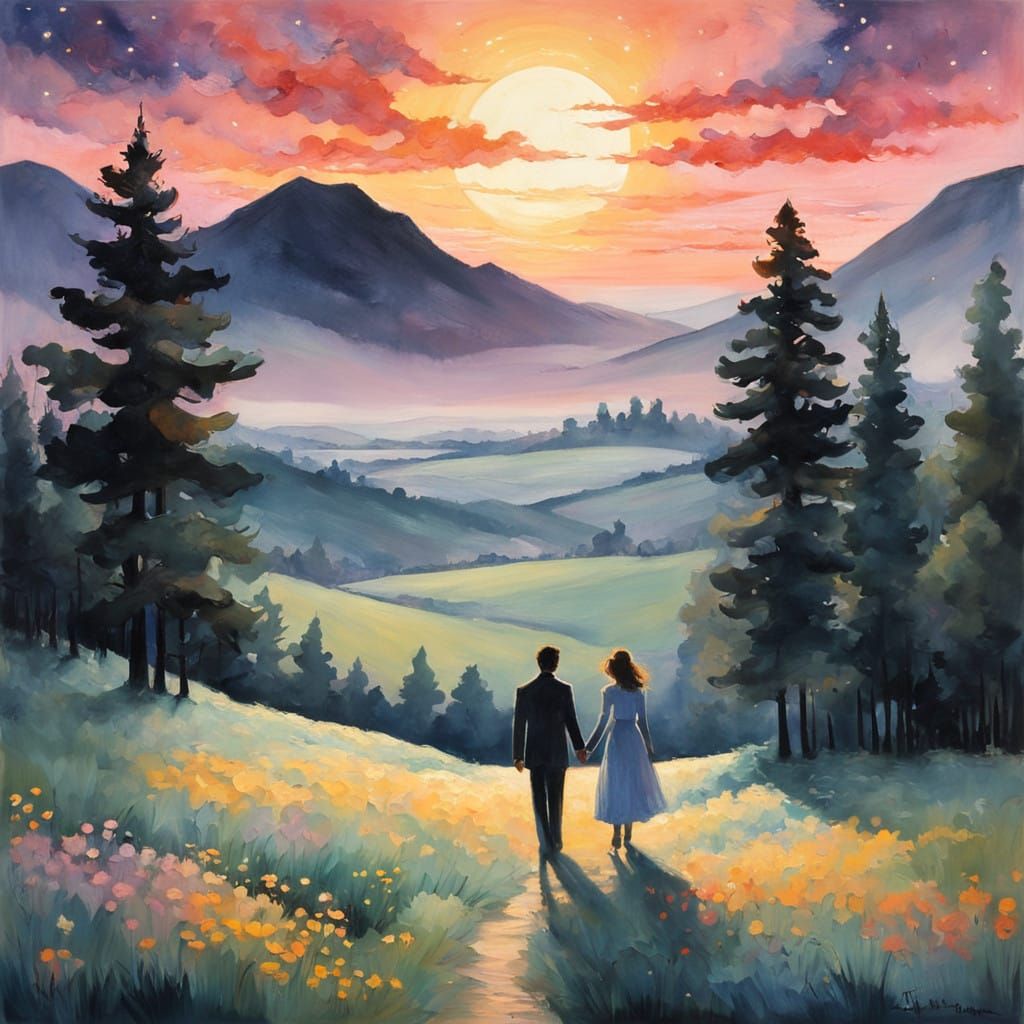 Couple Dancing Under Pastel Sunset, Neo-Impressionist Style