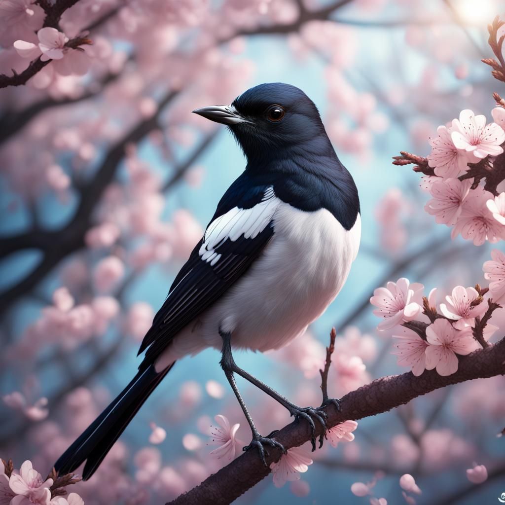 Magpie Robin in Cherry Blossom Tree