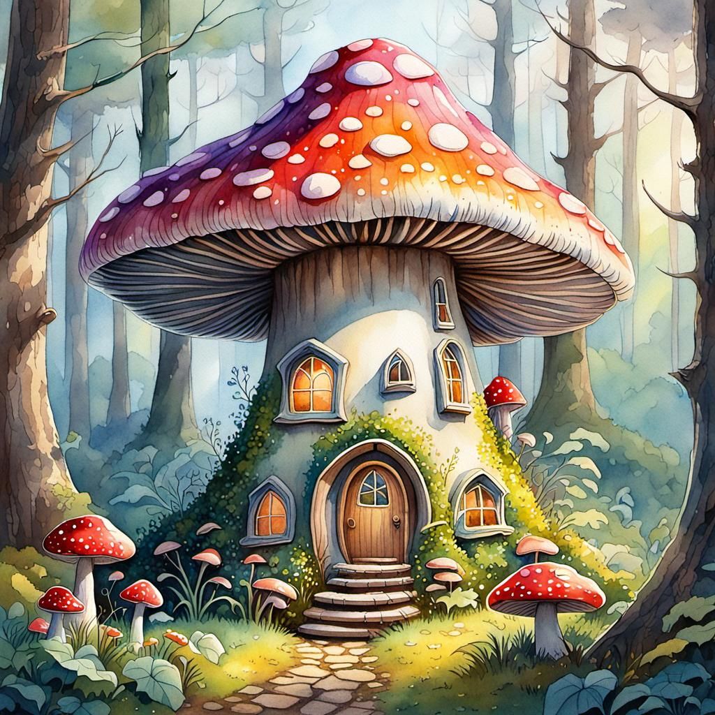 Mushroom House in Forest Glade, Watercolour Fantasy