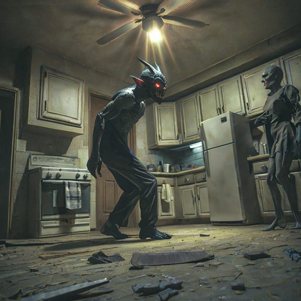 Ominous Night Terror Demon in Desert House Kitchen