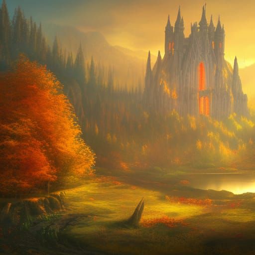 Golden Lit Elven Castle in High Gothic Style
