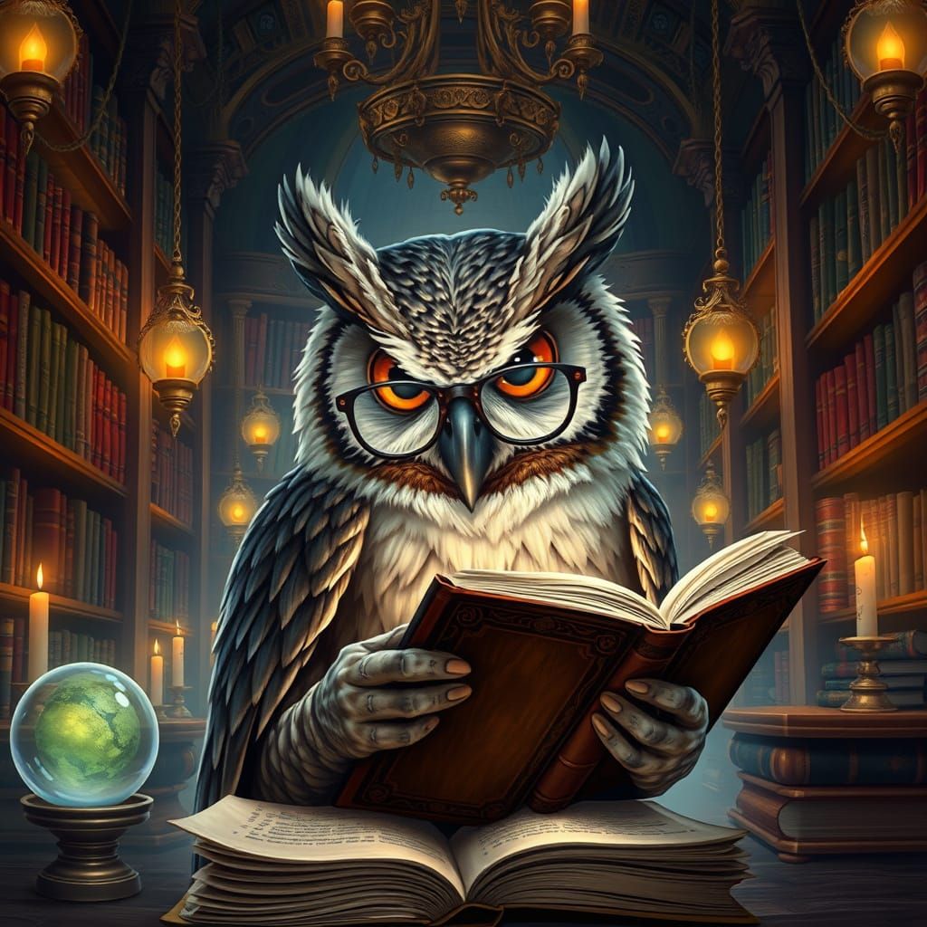 Wise Owl in Grand Library, Fantasy Art