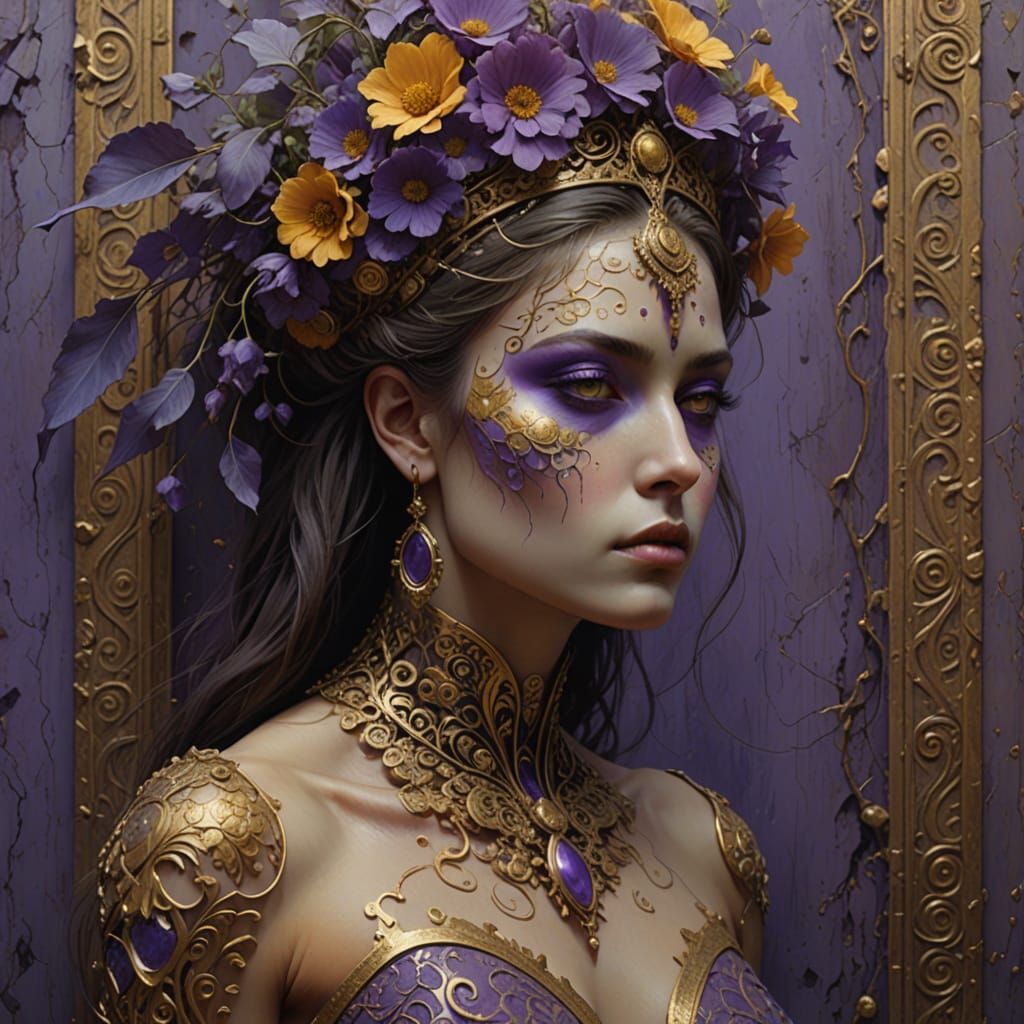 Woman Body Painted to Match Antique Floral Wall