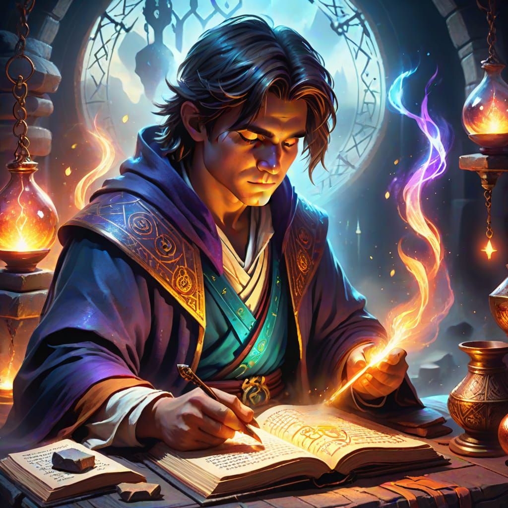 Enchanting Young Mage Practices Alchemy in High Fantasy Art