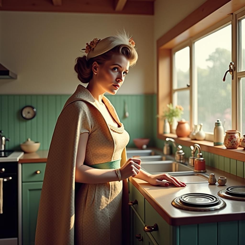 Glamorous 1950s Starlet in Country Kitchen
