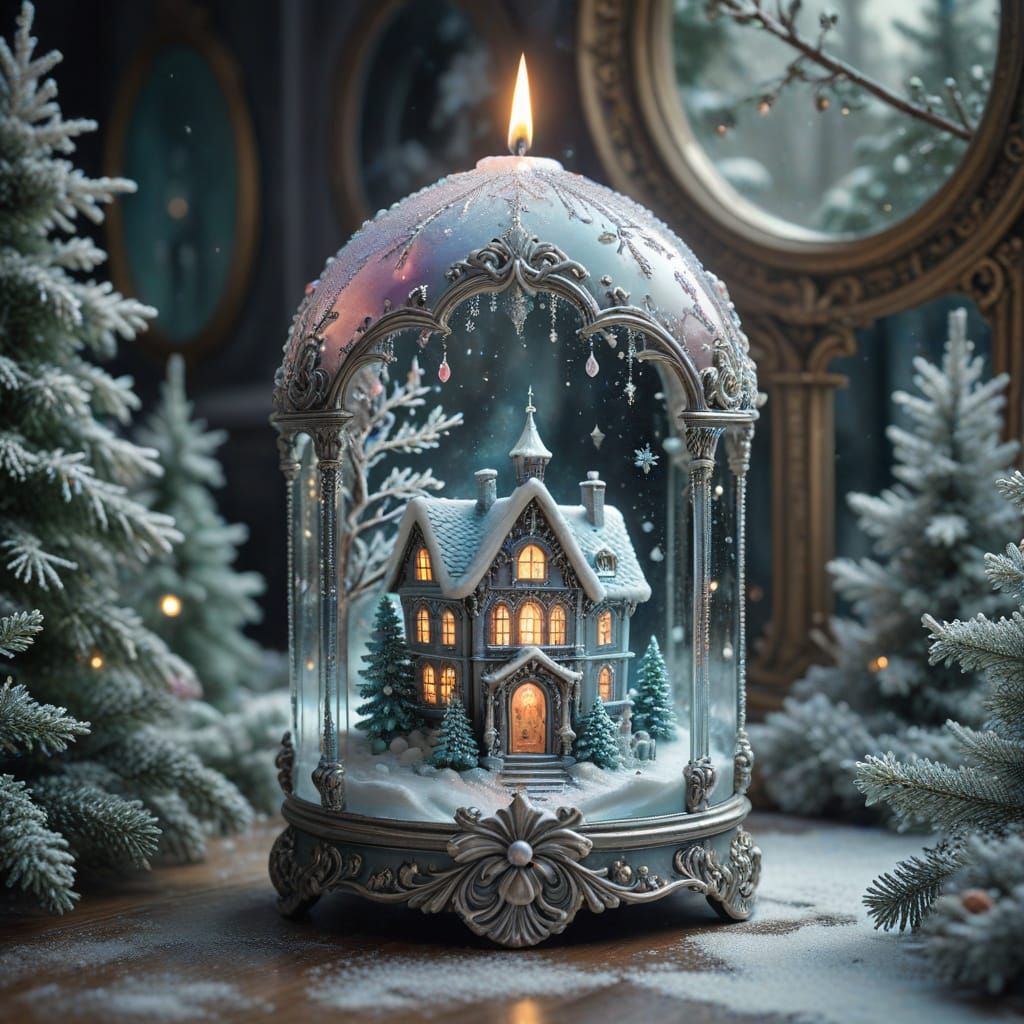 Ornate Christmas Candle With Winter Village Landscape