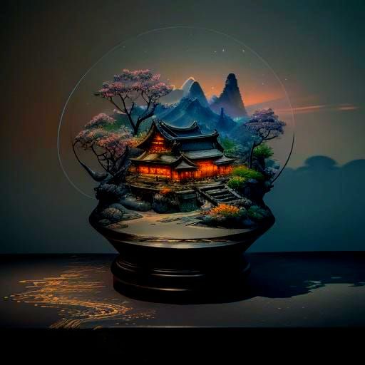 Detailed Asian Landscape in Parchment Ink Style