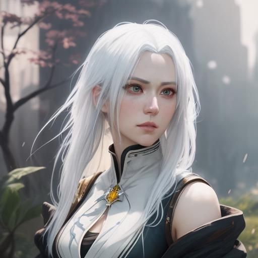 Anime Girl Portrait with White Hair, Detailed Art