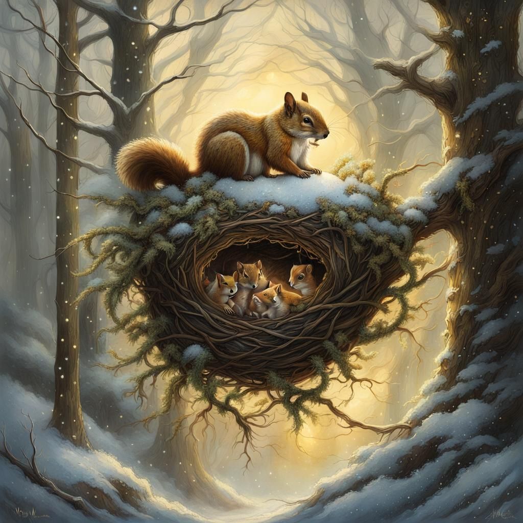 little squirrels huddle together in the winter