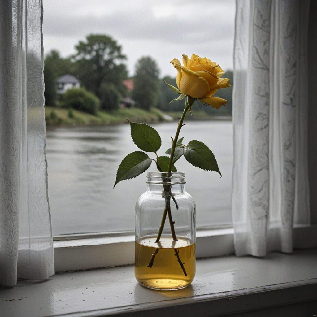 Yellow Rose in Jar Oil Painting with Grayscale Landscape