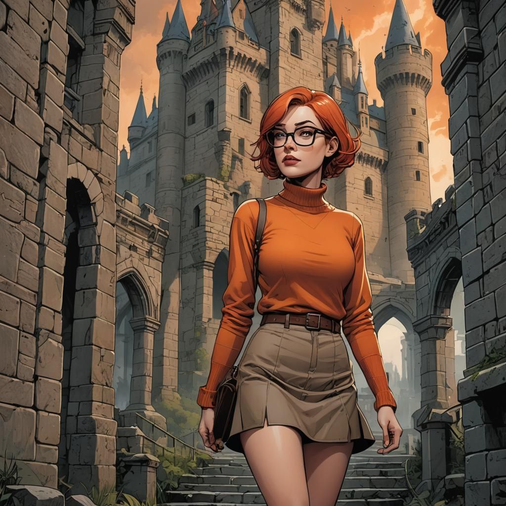 Comic Book Art: Woman Exploring Gloomy Castle