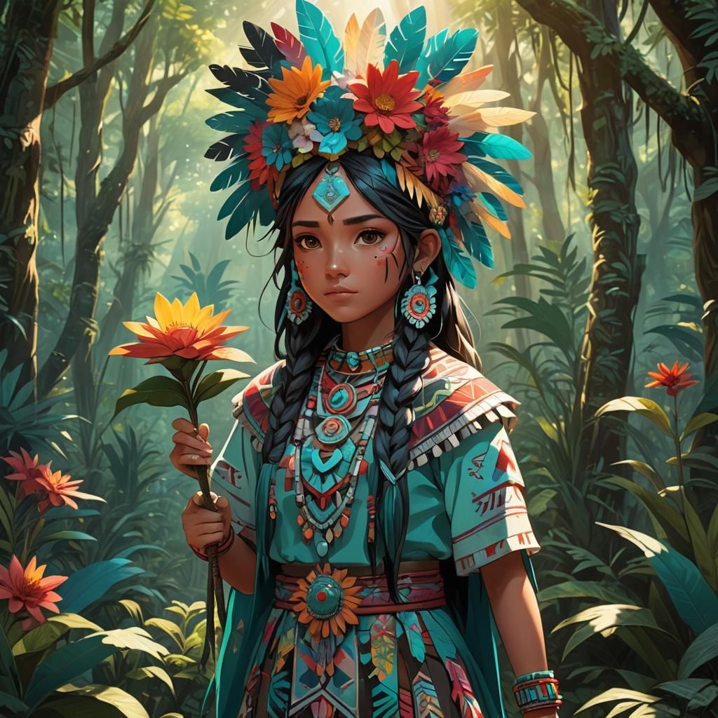 Aztec Girl in Jungle: Vibrant Anime Illustration