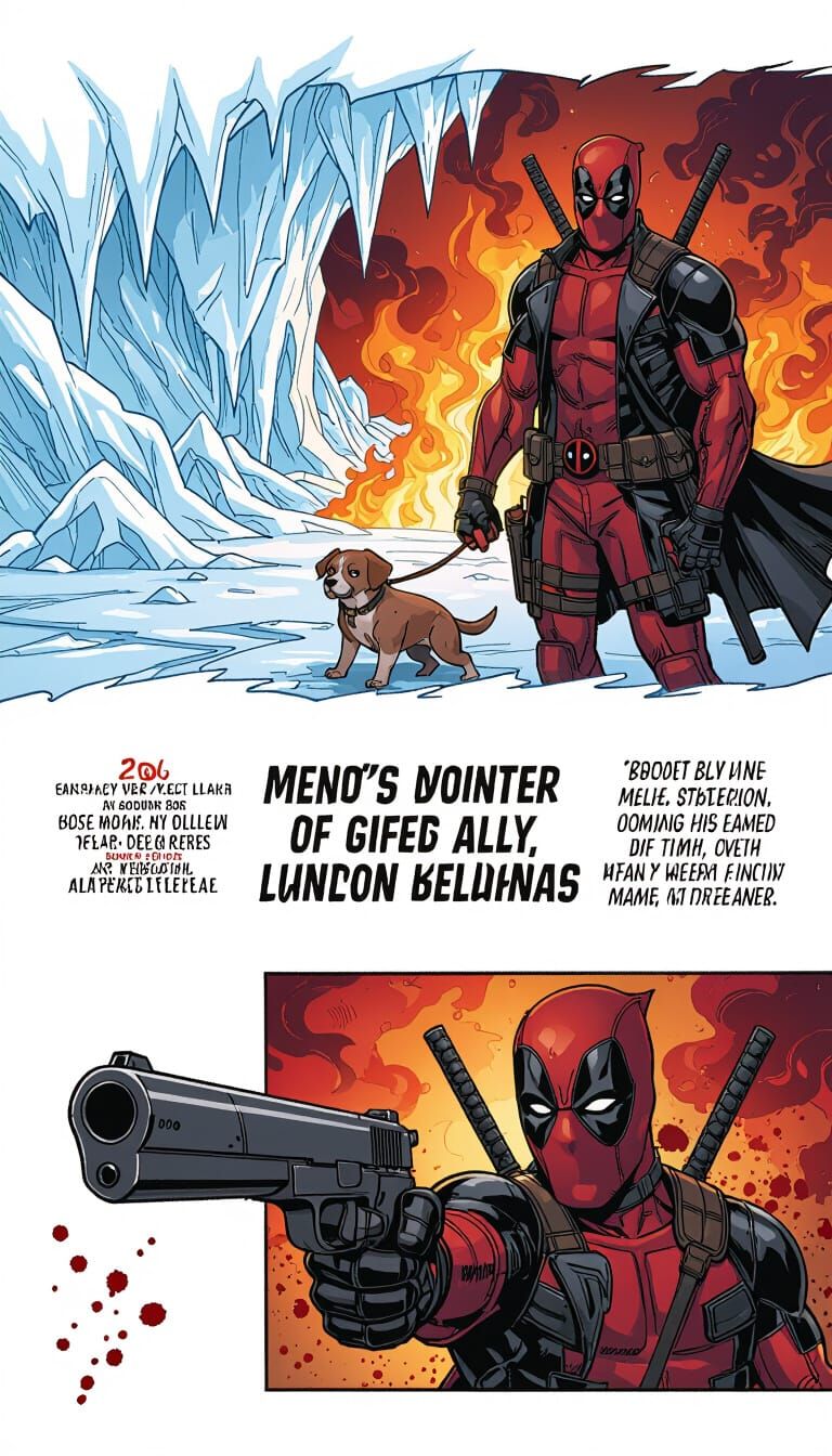 Deadpool in Icy Landscape with Dog, Graphic Novel Style