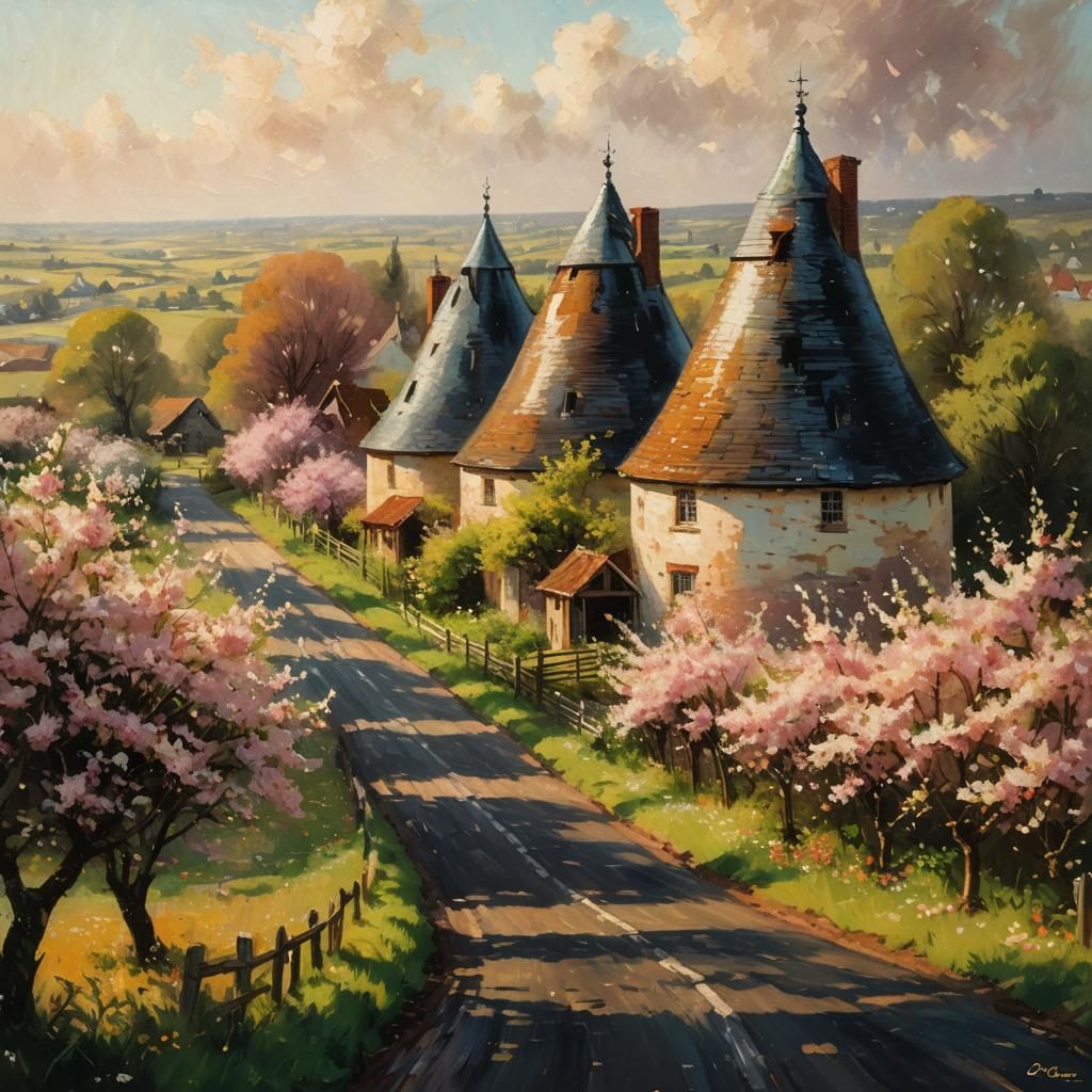 Oast Houses and Apple Blossoms in Impressionist Style