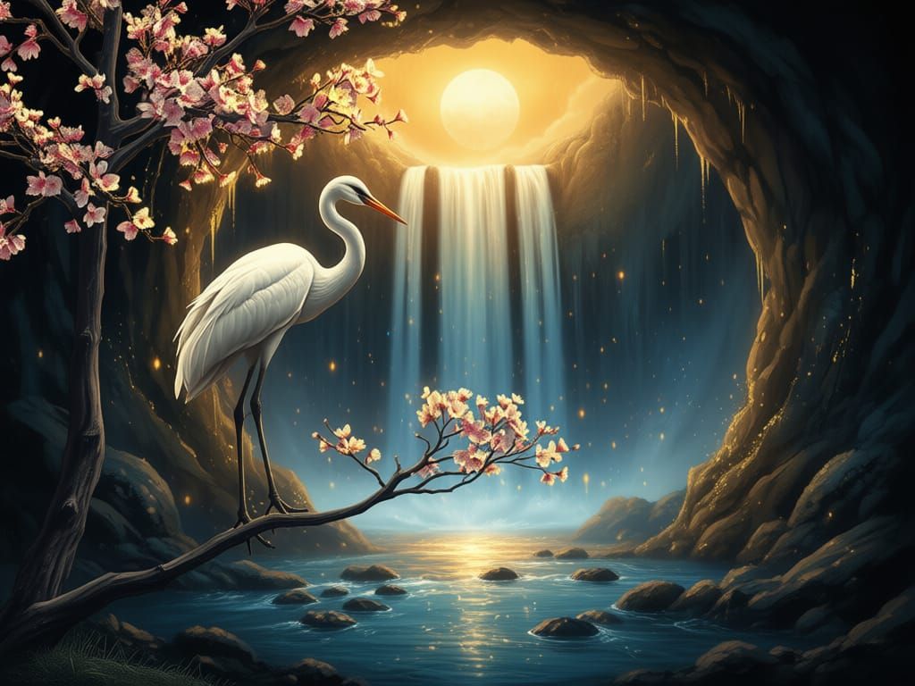 Majestic Crane in Waterfall Cave with Glowing Cherry Blossom...