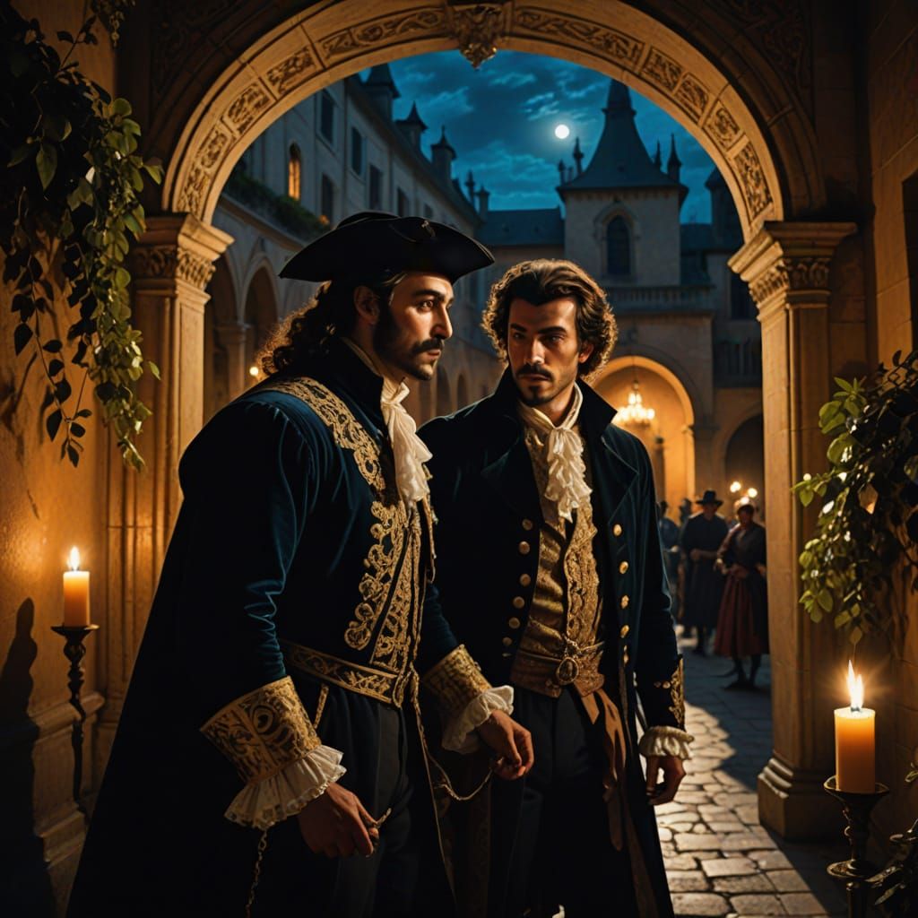 Dramatic Duel in 17th-Century Château Courtyard, in Baroque ...