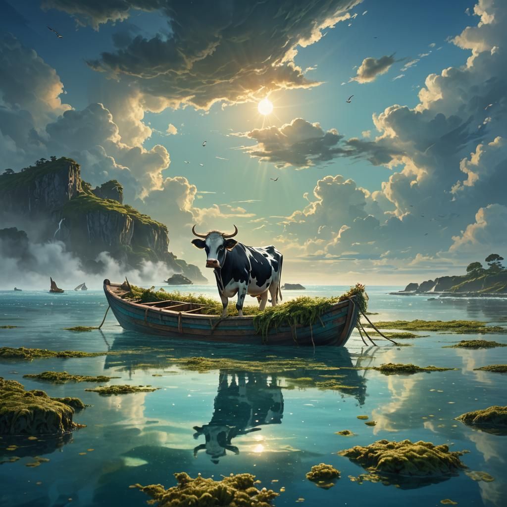 Cow on Boat in Sea: Fantasy Concept Art