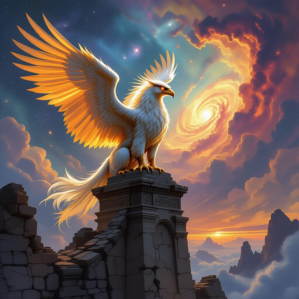 Majestic Griffin on Ancient Observatory Under Nebula Sky