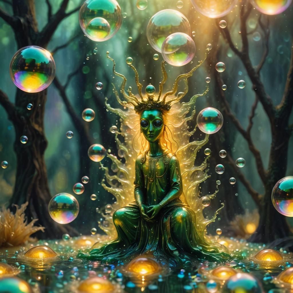 Green-Eyed Monster in Shimmering Bubbles: Surreal Macro Phot...