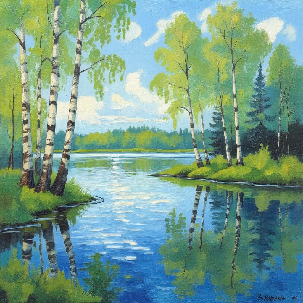 Impressionistic Autumn Birch Forest by a Lake