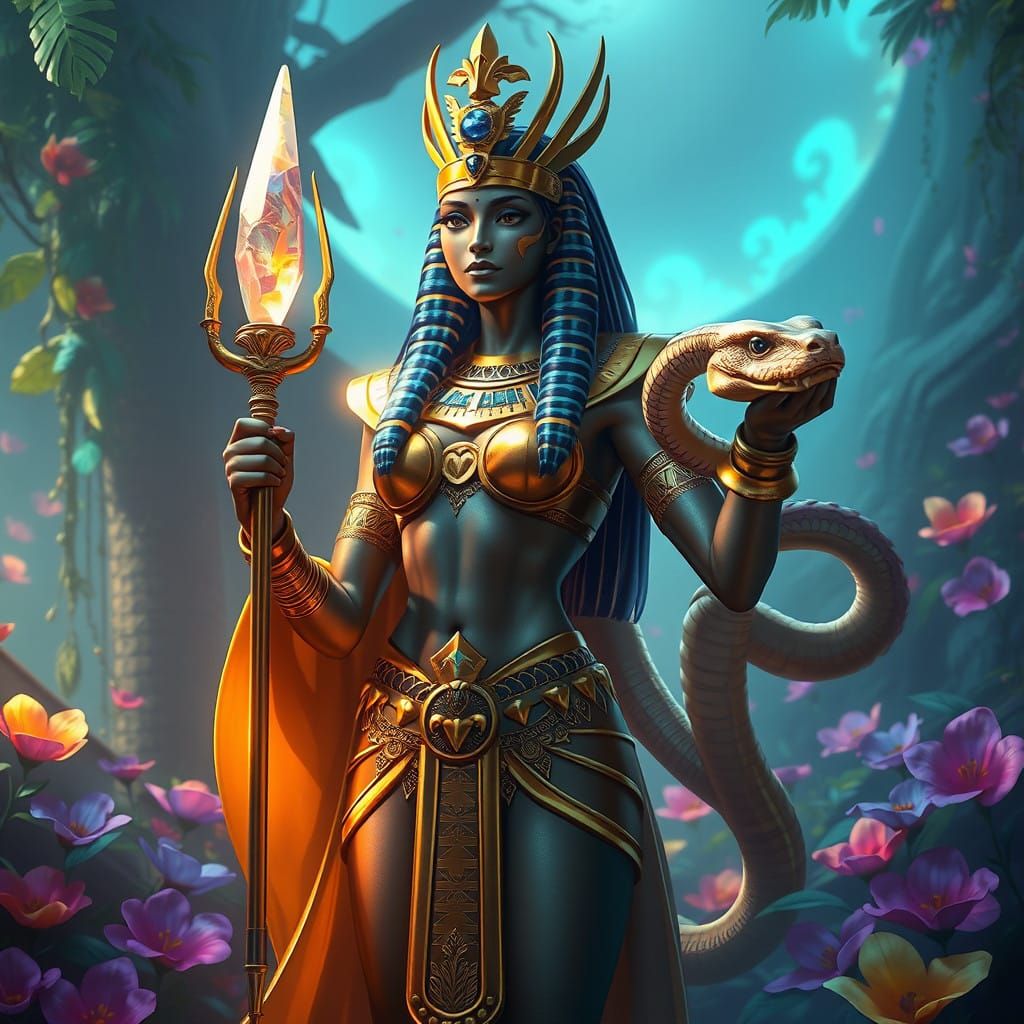 Ancient Egyptian Goddess Wadjet in Golden Armor