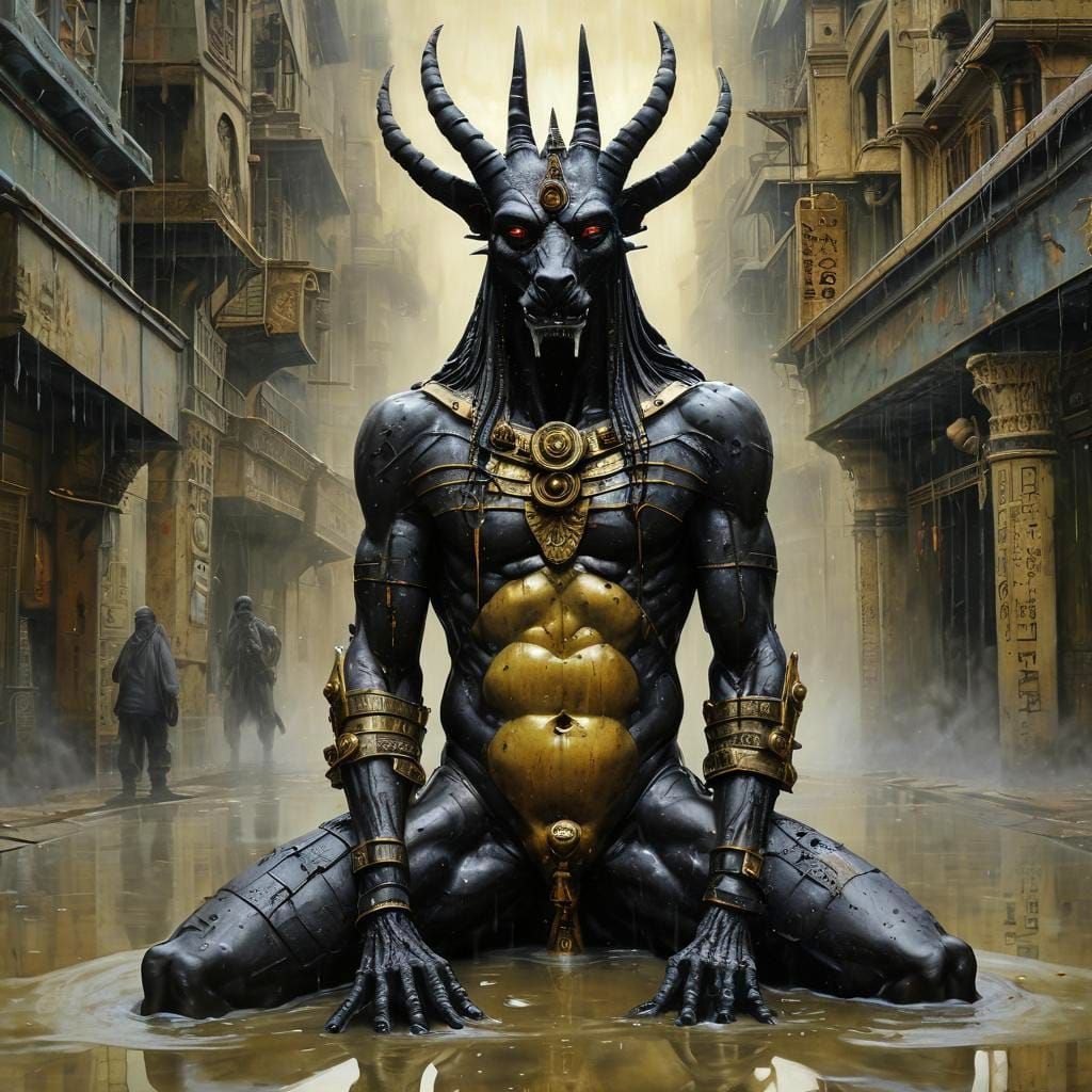 Surreal Encaustic Anubis Downfall in Comic Art Style