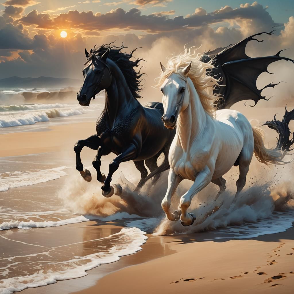 Fantasy Horses and Dragon Soaring Above