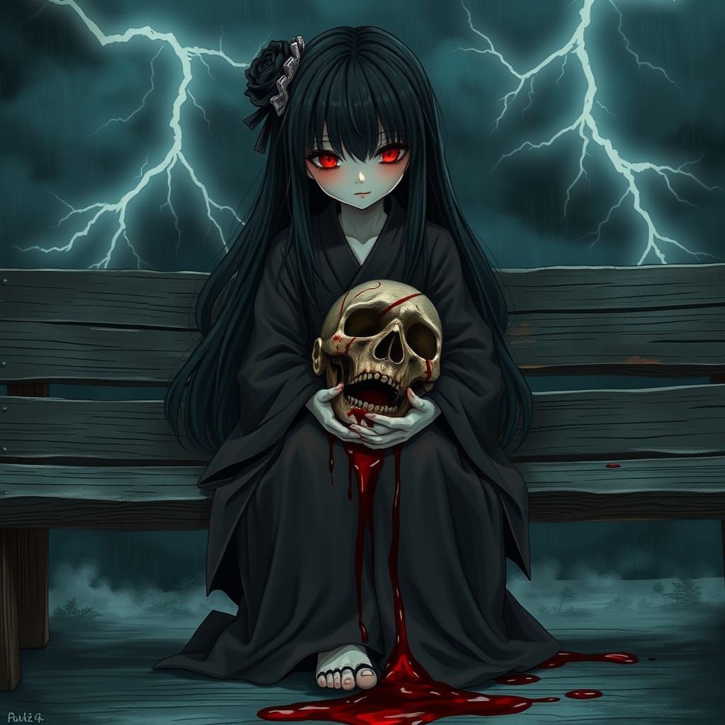 Dark Anime Lil Girl in Sarcipunk Style with Vampire Fangs an...