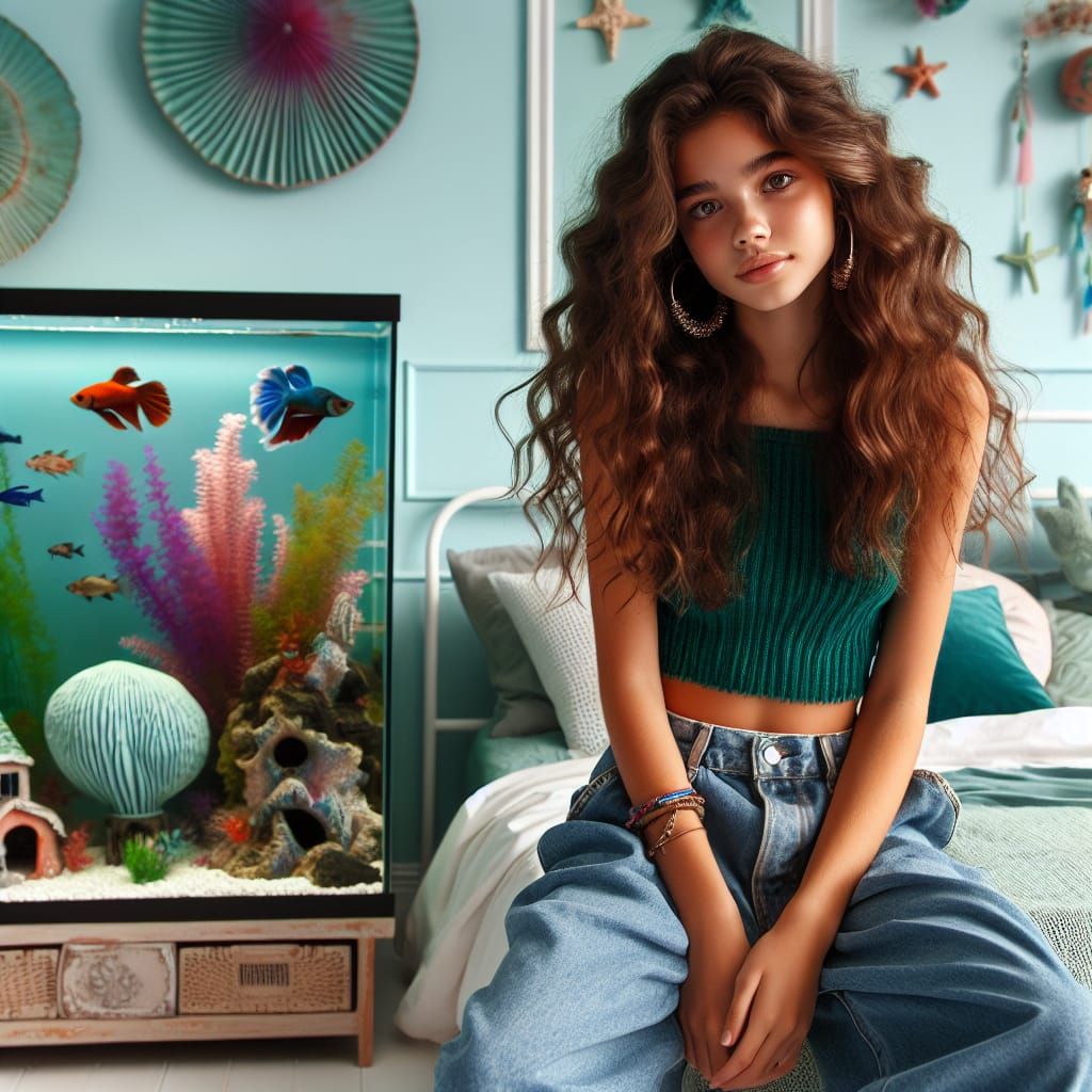 Teen Girl in Colorful Bedroom with Aquarium