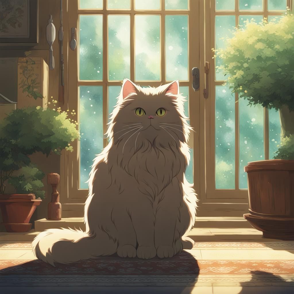 Persian Cat in Studio Ghibli Anime Style