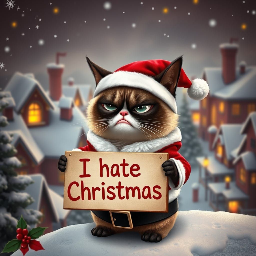 Whimsical Grumpy Cat Santa Icon in Vibrant, Detailed Fantasy...