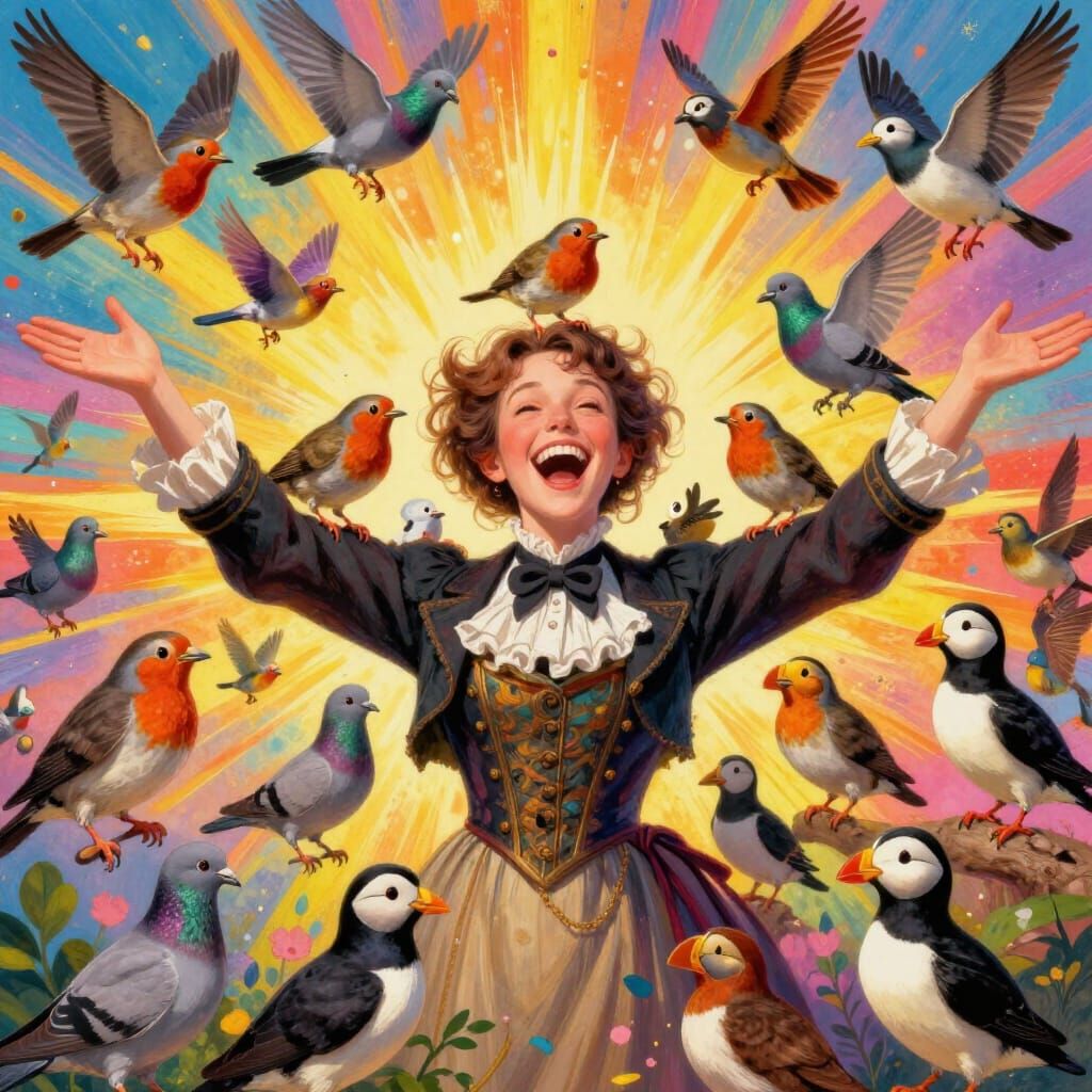 Victorian Woman Delighted by Birds in Pop Art Style