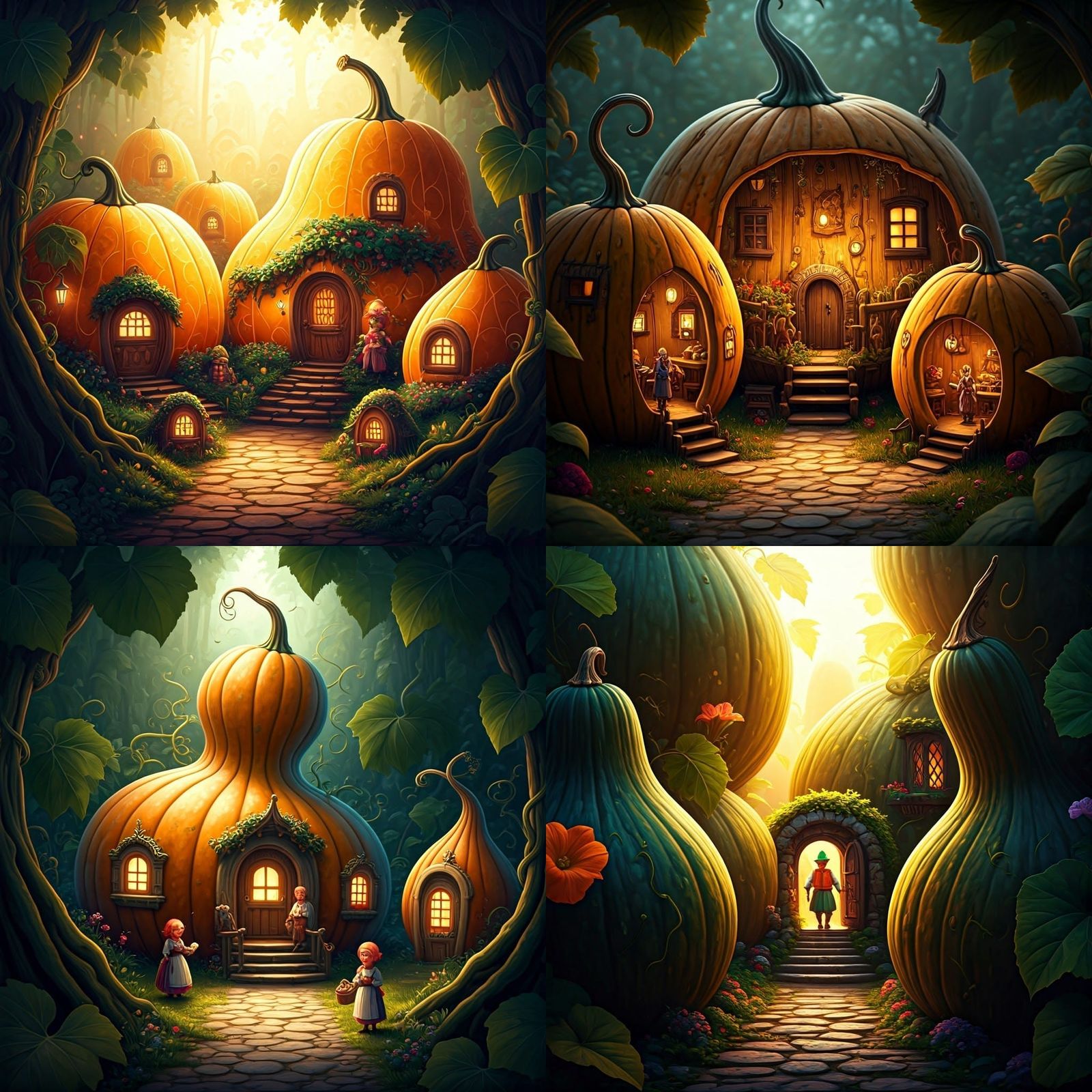 A hyper-realistic, 4k image of a whimsical village nestled within giant gourds. Tiny inhabitants with vibrant clothing a...