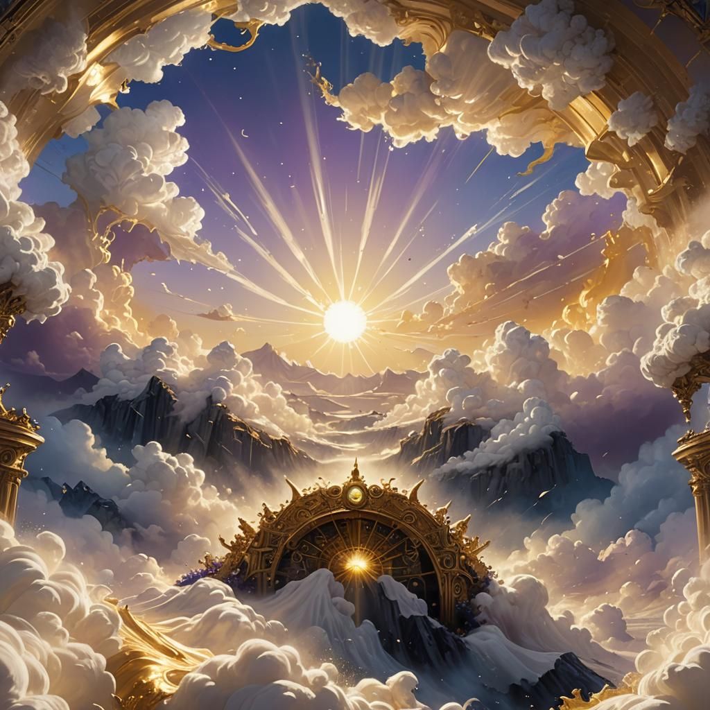 Golden Sun Rays Emanating from Pillow Clouds