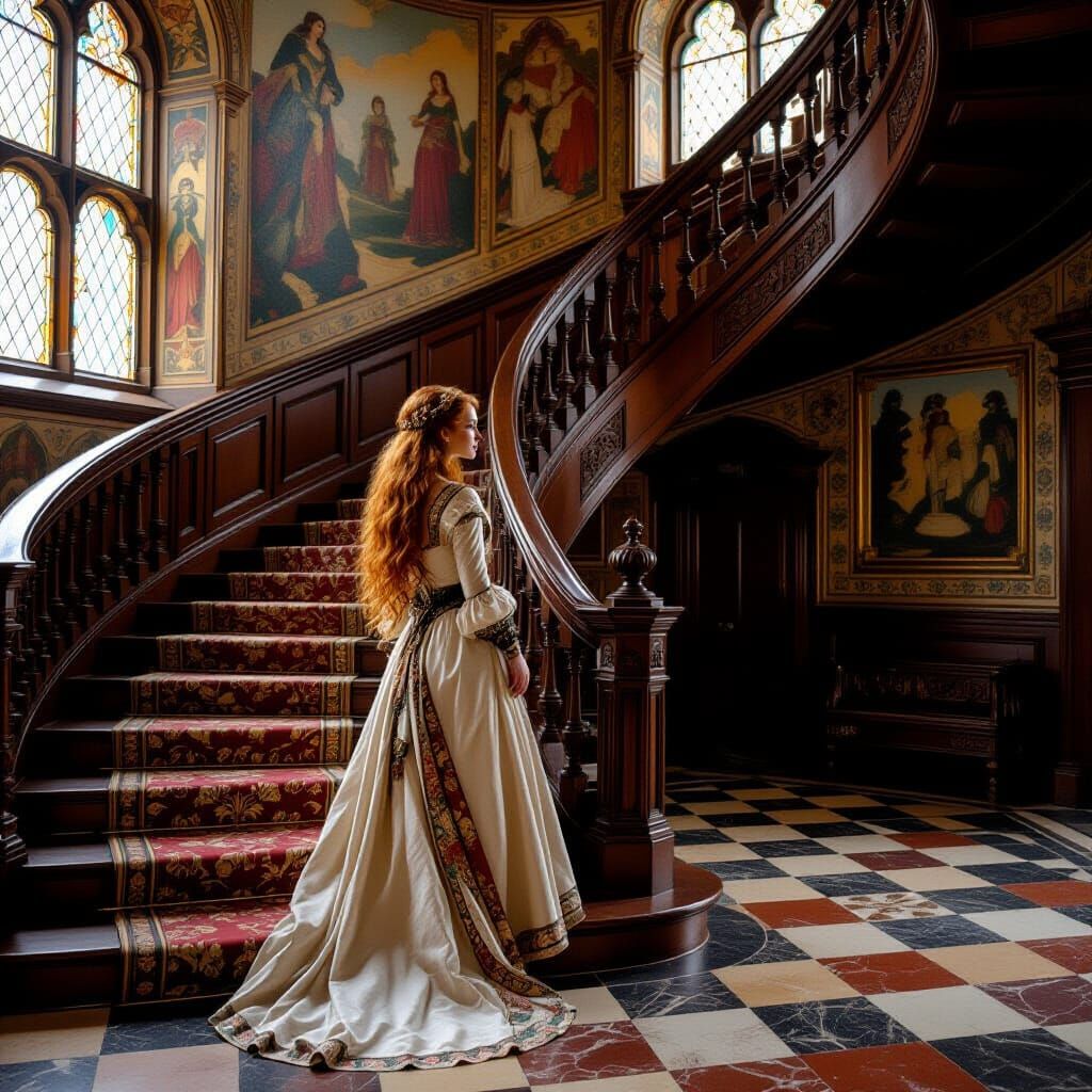 Medieval Woman with Red Hair in Pre-Raphaelite Style